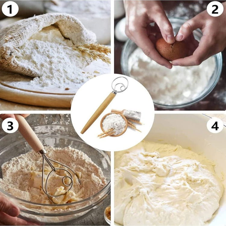 Danish Dough Whisk 13" Stainless Steel Bread Whisk Bread Making Tools Danish Dough Hook Bread Dough Mixer Hand Bread Dough Whisk for Pastry
