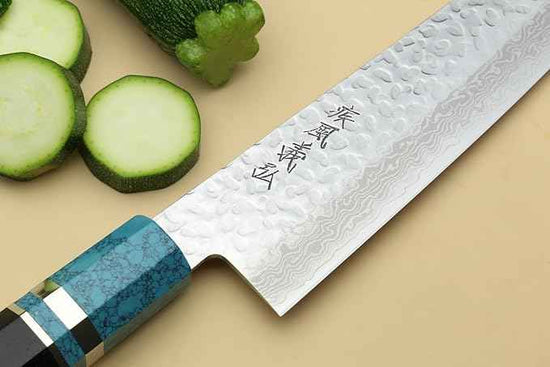 Yoshihiro VG-10 46 Layers Hammered Damascus Gyuto Japanese Chefs Knife Octagonal Turquoise Blue Handle 8.25" (210mm)