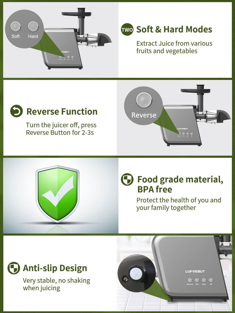 Juicer Slow Masticating for Tomato Ginger Wheatgrass Celery Beets, Home Kitchen Cold Press Juicer Machine for Fruits and Vegetables, Extractor de Jugos Y Vegetales, BPA Free, Easy Clean, Quiet Motor