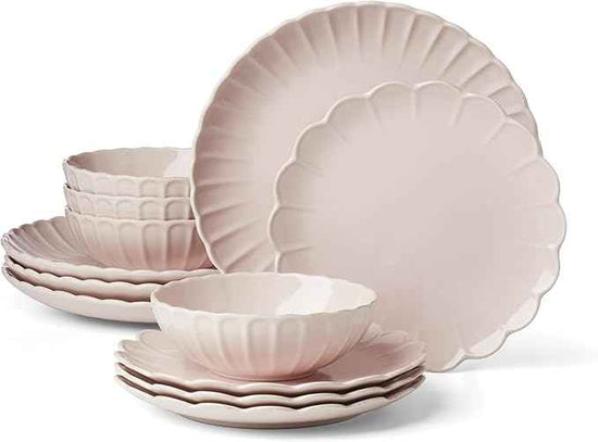 Lenox Dinnerware Set, French Perle Scallop Blush 12-Piece Set, Service For 4, Stoneware, Dishwasher Safe, Microwave Safe, Plates and Bowls sets, Dish Set, Plate Set, Home And Kitchen (Pink, 12 Piece)