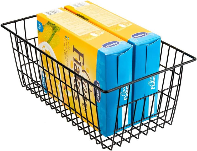 SANNO Freezer Wire Baskets, Refrigerator Freezer Baskets Wire Metal Storage Basket, Farmhouse Storage Organizer Bin for Pantry, Shelf, Kitchen, Cabinet, Bathroom Black 15.7" L x 7.9" Wx 5.9" H