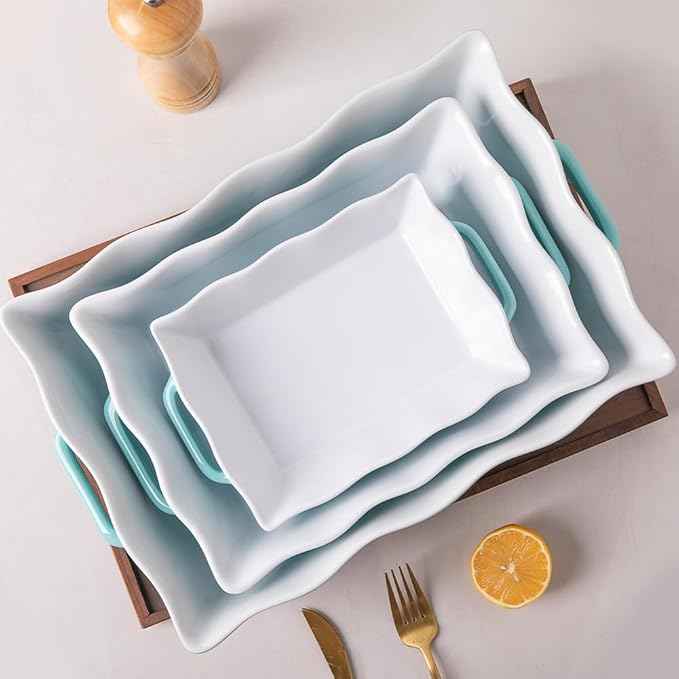 Sweejar Casserole Dishes for Oven, Ceramic Bakeware Set of 3, Rectangular Baking dish with Handles, Wave Edge Lasagna Pan Deep for Cooking, Cake, Dinner, Banquet and Daily Use (Red)