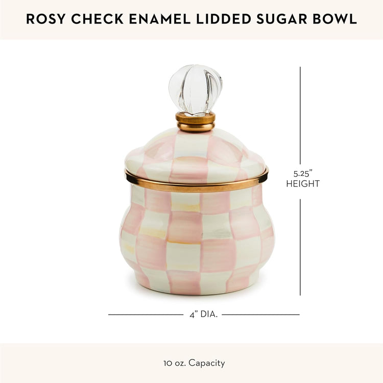 MACKENZIE-CHILDS Enamel Lidded Sugar Bowl, Small Serving Bowl with Lid, 10-Ounce Capacity, Pink-and-White Rosy Check
