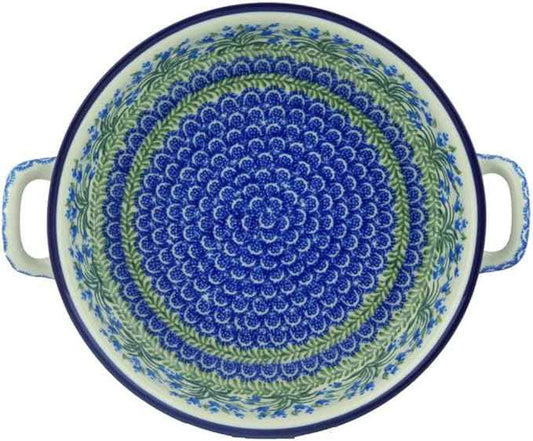 Polmedia Polish Pottery Round Baker with Handles 10-inch - Feathery Bluebells Pattern Handmade in Boleslawiec Poland by Ceramika Artystyczna + Certificate of Authenticity