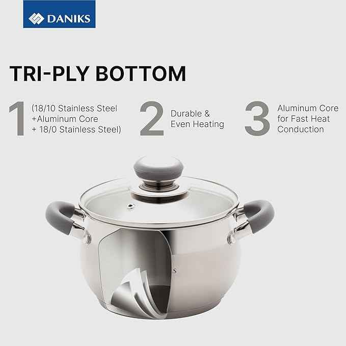Daniks Modern 6-Piece Stainless Steel Cookware Set with Glass Lids, Tri-Ply Bases for Even Heating, Induction Compatible, Dishwasher Safe, Heatproof Handles