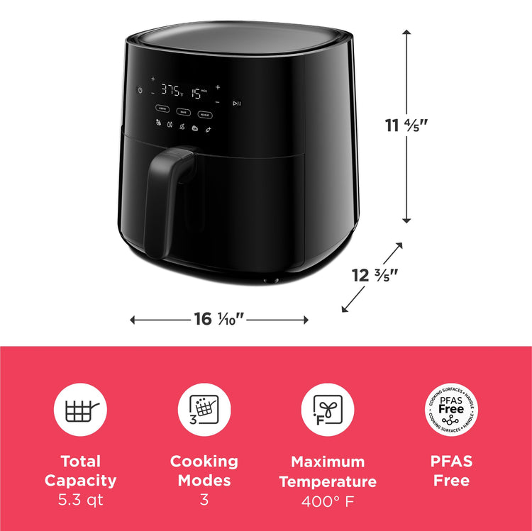 3-in-1 Air Fryer, Large 5.3 QT Capacity, Digital Display, 3 Cooking Modes, 5 Recipe Presets, Automatic Shake Reminder, PFAS-Free Cooking Surfaces, Black