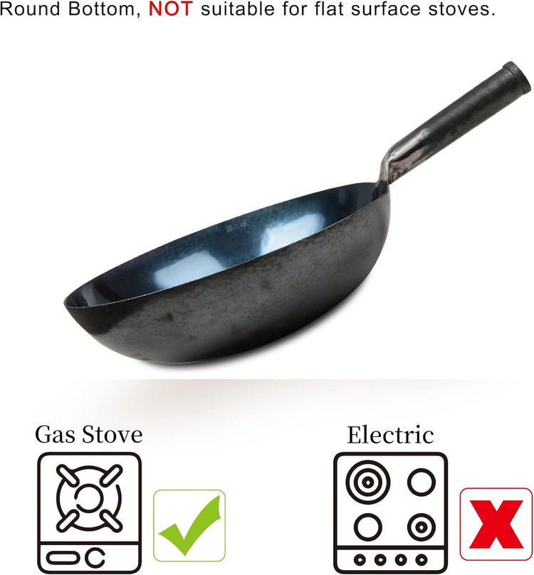 臻三环 ZhenSanHuan Chinese Hand Hammered Iron Woks and Stir Fry Pans, Non-stick, No Coating, Carbon Steel Pow (34CM, Blue Black - Seasoned)