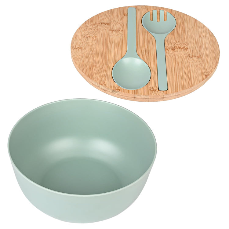 Bamboo Fiber Salad Bowl with Servers Set Large 9.8inches Nature Bamboo Mixing Bowl with Servers with Lid Spoon and Fork for Fruits