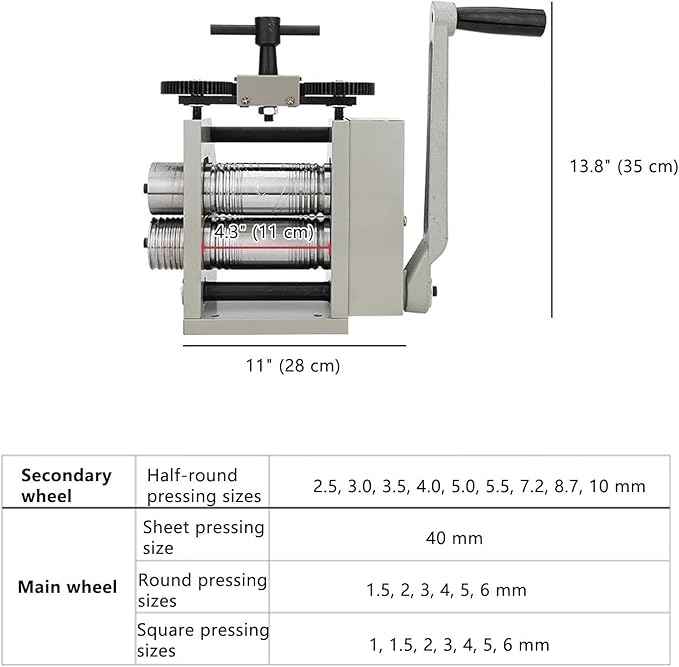 4-in-1 Rolling Mill, 2/"50mm Jewelry Rolling Mill with Hand Crank, Rolls Gold/Silver/Brass/Copper into Sheet, Square/Half-Round/Round Wires (Multi-Size) | 0.03-6.5mm Press Thickness
