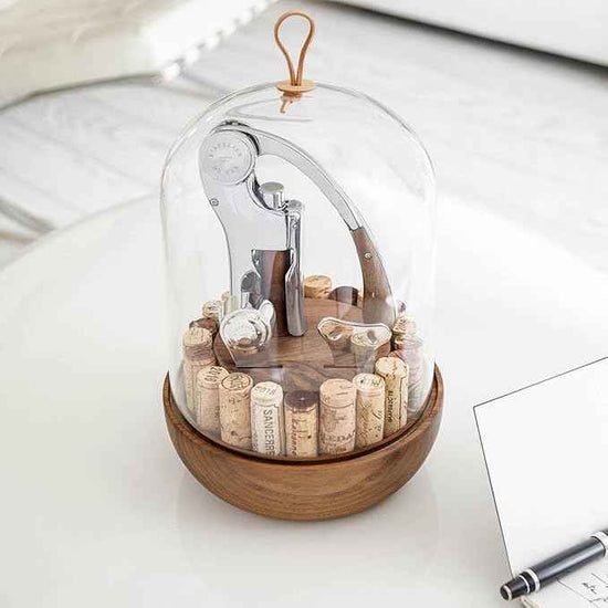 L'atelier Du Vin Oeno Motion Groom Corkscrew & Cork Dome Glass Cloche Display - Tabletop Centerpiece Walnut Wood Base Wine Tasting, Luxury Sommelier Gift Set, Wine Bottle Opener Designed In France