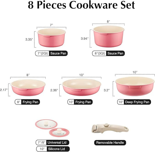 IKTU Ceramic Pots and Pans Set Non Stick Pink, 8 Pcs Nonstick Cookware Set with Detachable Handle RV Camping Induction Kitchen Cookware Set Non Stick, PFAS PFOA & PTFE Free