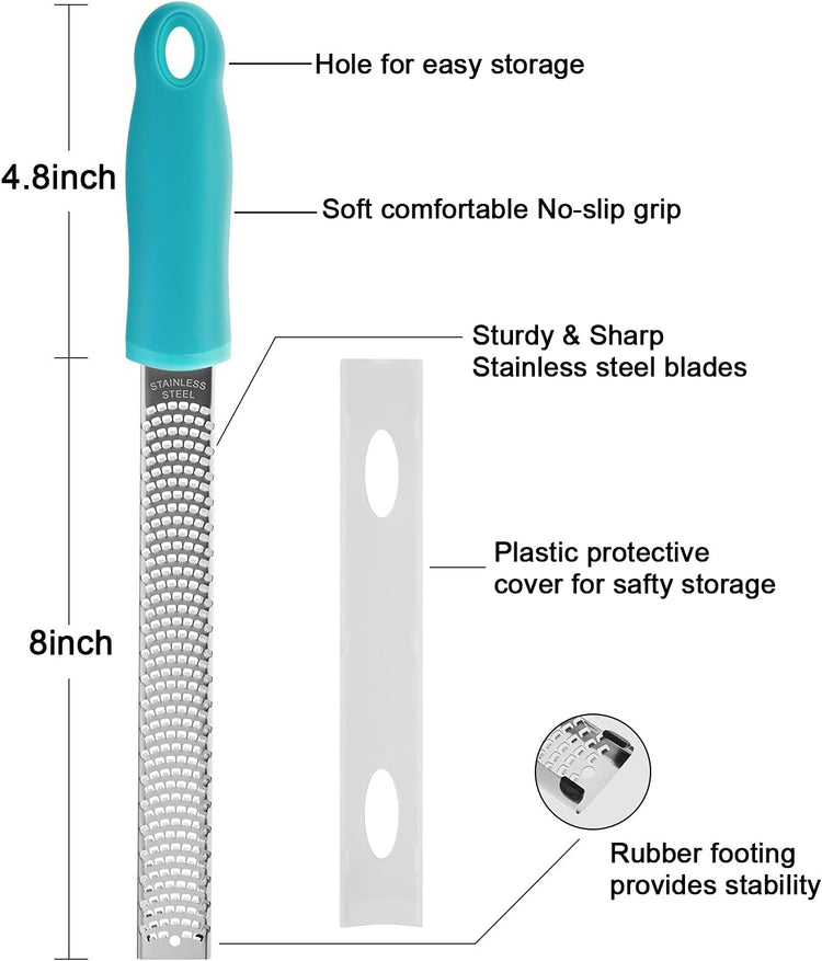 Lemon Zester, Stainless Steel Kitchen Cheese Grater, Plastic Cover Ergonomic Soft Blue Handle