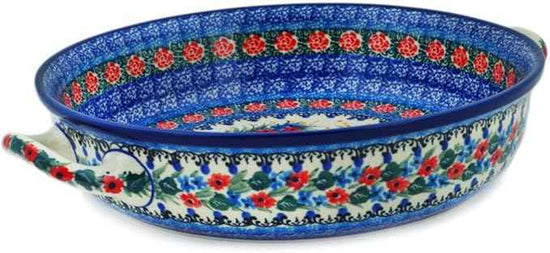 Polmedia Polish Pottery Round Baker with Handles 10-inch UNIKAT - Blue Escape Pattern Handmade in Boleslawiec Poland by Ceramika Artystyczna + Certificate of Authenticity