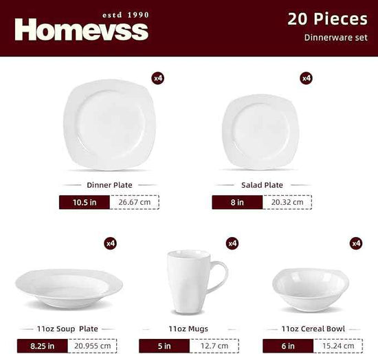 HomeVss, New Bone China Dinnerware Set, Coupe Square Shape, 20pc Set