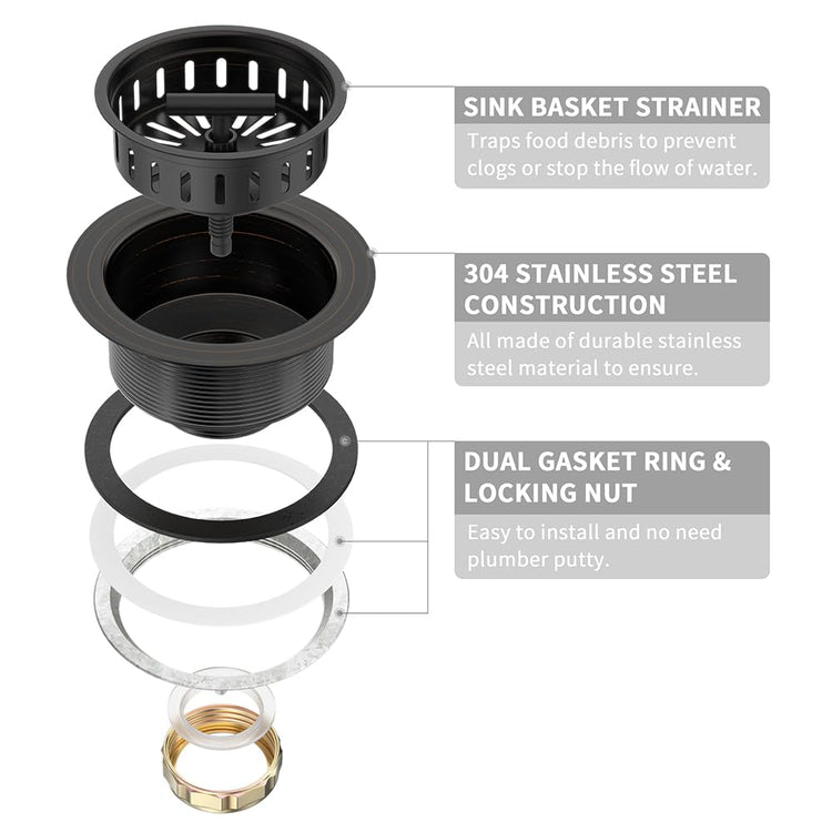 3-1/2 Inch Bronze Kitchen Sink Drain Assembly Kit - Oil Rubbed Bronze Stainless Steel with Strainer Basket/Drain Stopper