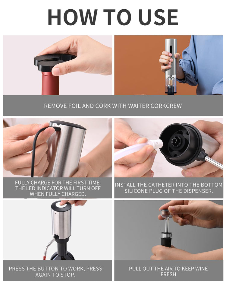 6-in-1 Electric Wine Opener Set Rechargeable Stainless Steel Wine Opener Gift Set with Foil Cutter, Rechargeable & Manual Wine Aerator Pourers, Vacuum Wine Stopper and Storage Base, Silver (6 Count)