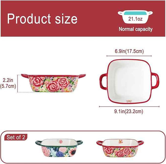 Two-piece square ceramic baking pan set: Hand-painted floral ceramic baking pans with double handles, suitable for baking, cooking, kitchens, restaurants, etc.(Combination 2)