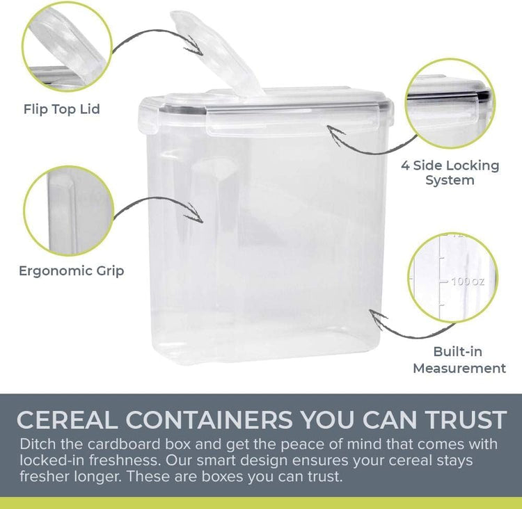 Simply Gourmet Airtight Cereal Containers with Lids – 4 Piece Tall Kitchen Pantry Organization Set, BPA-Free Clear Plastic, Pour Spout Lids for Breakfast Cereal, Rice, Flour, Sugar, Snacks