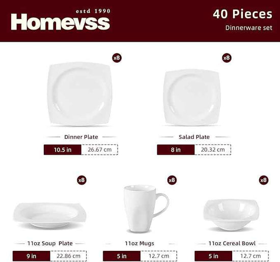 HomeVss, New Bone China Dinnerware SEt, Rim Square Shape, 40pc Set