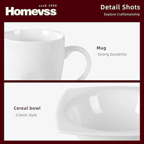 HomeVss, New Bone China Dinnerware SEt, Rim Square Shape, 40pc Set