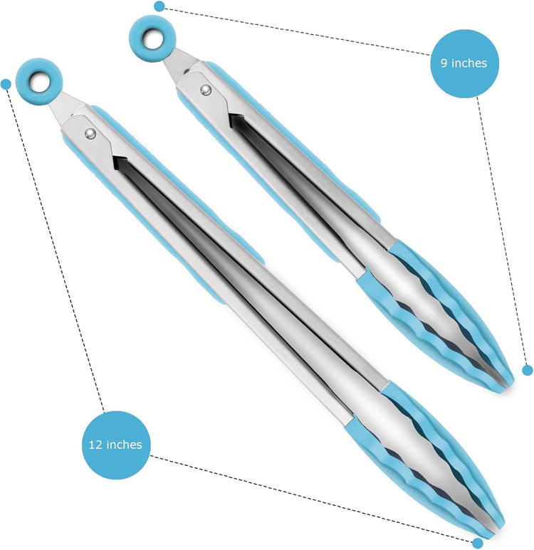 Set of 2 Kitchen Tongs, Premium Stainless Steel Locking 9-Inch & 12-Inch Silicone Grilling Barbeque Cooking Food Tong, Blue