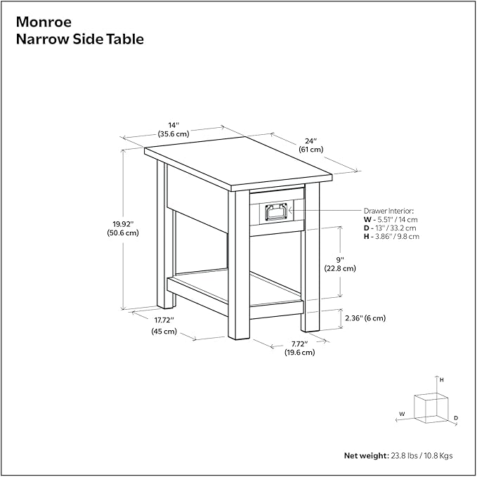 SIMPLIHOME Monroe Narrow Side Table – 14 inch Wide Solid Acacia Wood Narrow End Table in Farmhouse Grey, Rustic Contemporary Accent Table for Living Room with Drawer and Shelf