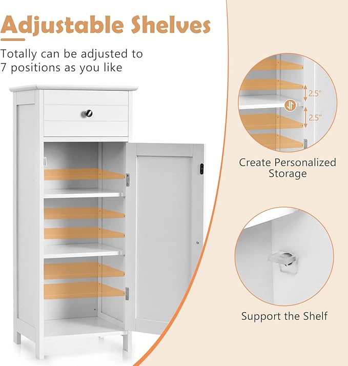 COSTWAY Bathroom Storage Cabinet, Single Door Floor Cabinet with Drawer and 3-Level Adjustable Shelves, Modern Side Storage Organizer with Anti-Tipping Device for Living Room, Bedroom (White)