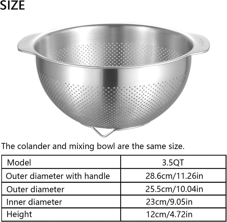 18/8 Stainless Steel Microwell Colander, 3.5QT Large Capacity with Handle Kitchen Food Strainer Basket for Washing Vegetables, Fruits, Rice, and Pasta (primary colour, 3.5QT)