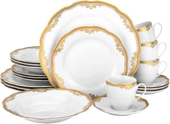 Euro Porcelain 57 piece Banquet Dinnerware Set with Scalloped Edges - Luxury Tableware Dining Service for 8