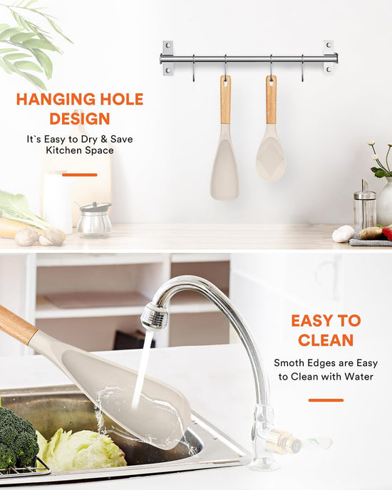 Cooking Spoon and Rice Scooper for Nonstick Cookwares, Great for Cooking and Serving Sturdy BPA-Free Matte Silicone, Wood Handle Spoon for Mixing, Scoop, and Scrape (KHAKI) - Nestoria