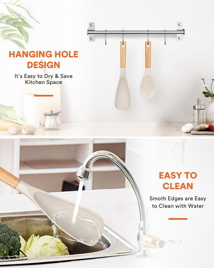 Cooking Spoon and Rice Scooper for Nonstick Cookwares, Great for Cooking and Serving Sturdy BPA-Free Matte Silicone, Wood Handle Spoon for Mixing, Scoop, and Scrape (KHAKI) - Nestoria