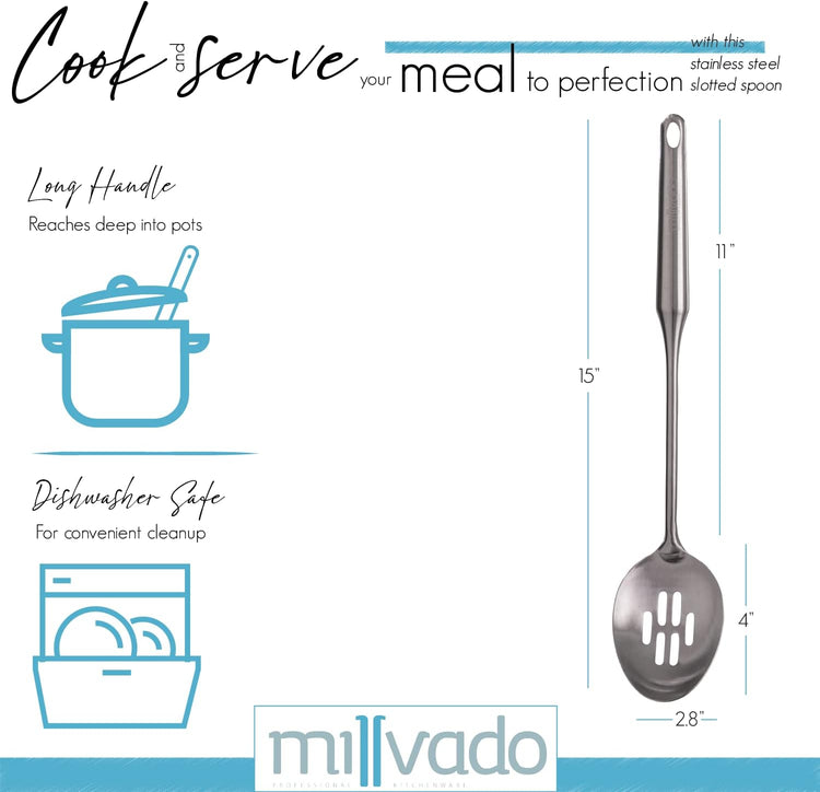 Stainless Steel Slotted Cooking Spoon, Large Metal Chef Strainer Utensil For Cooking, Serving, And Mixing, The #1 Dishwasher Safe Kitchen Tool, 15" Long Spoon With Holes