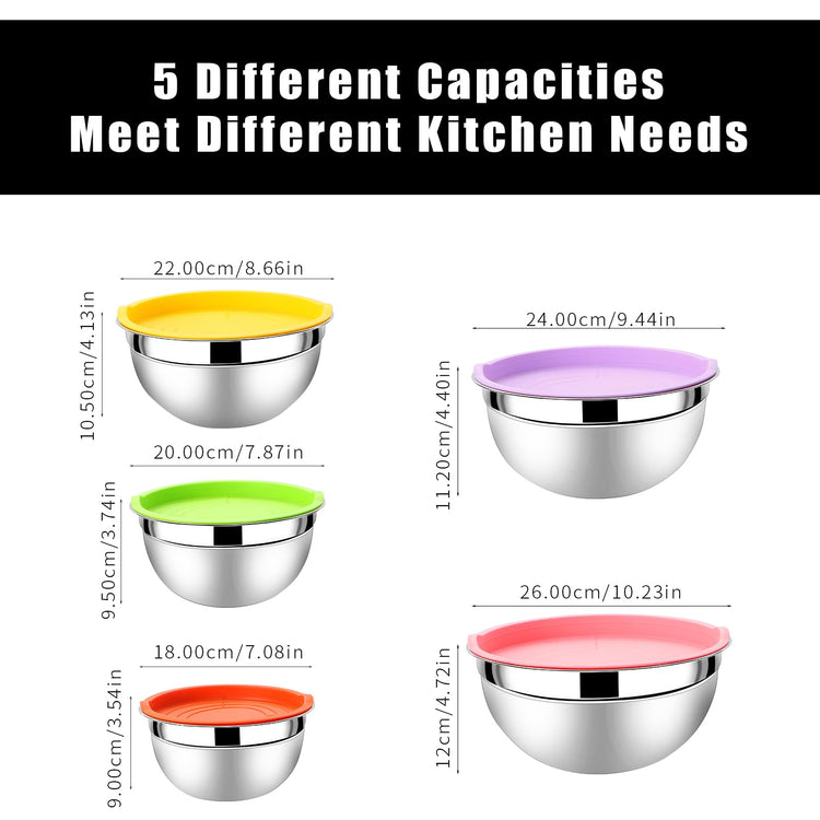 Mixing Bowls with Airtight Lids Set 5 Pcs Stainless Steel Bowls Set Baking Set Non (5 Count)