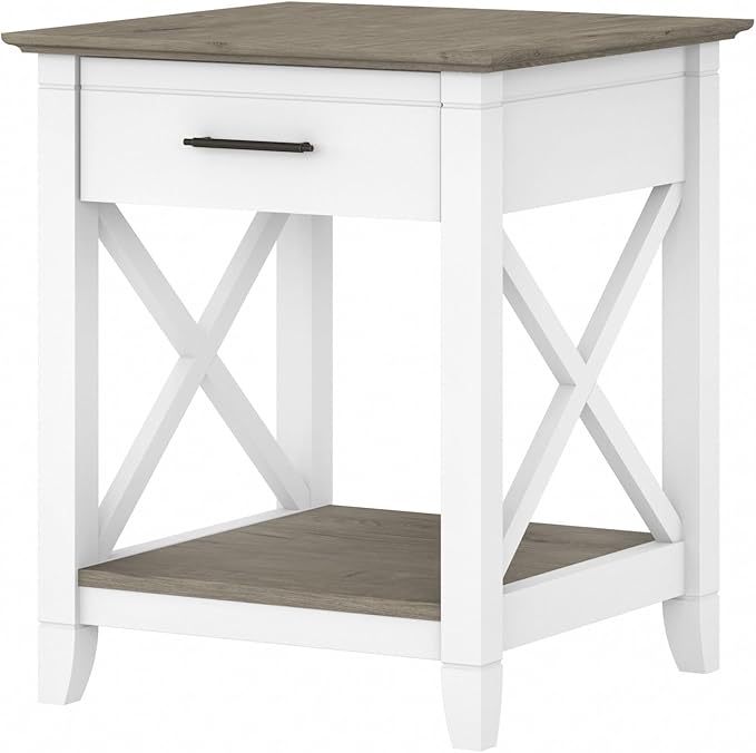 Bush Home End Table with Drawer, Nightstand with Storage, Living Room and Bedroom Furniture, Key West Collection, Shiplap Gray & Pure White