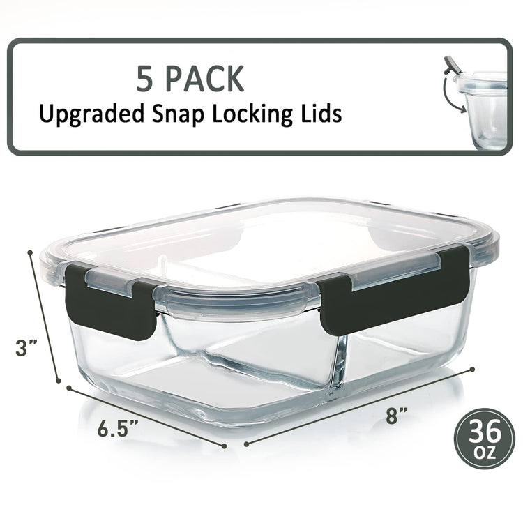 5 Pack,36 oz, 2 Compartments Glass Meal Prep Containers with Lids (5 Count)