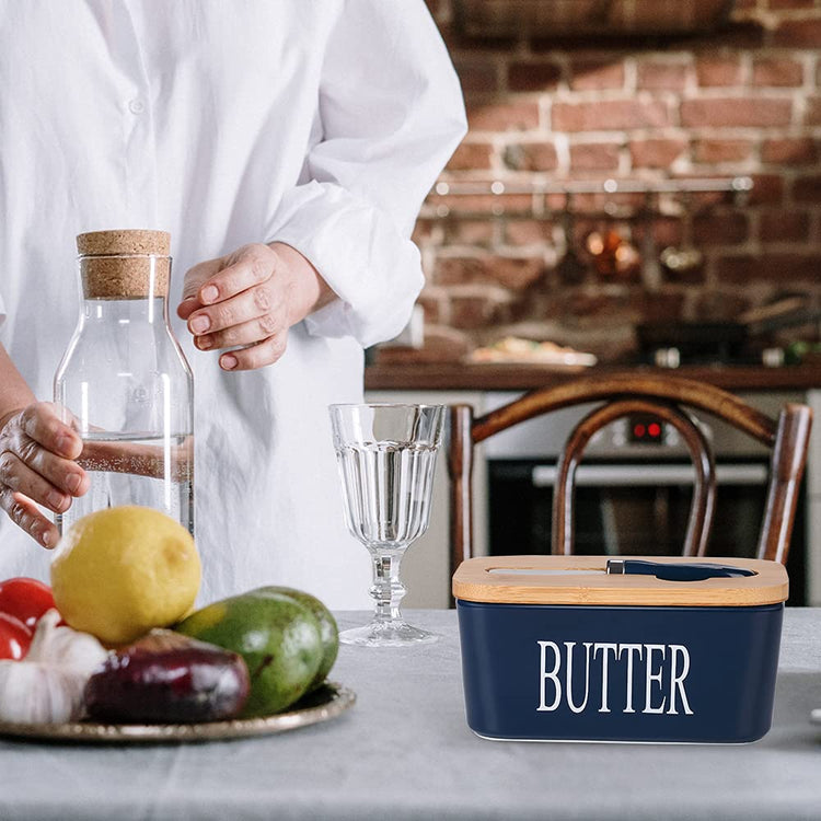 Ceramic Butter Dish with Bamboo Lid and Stainless Steel Knife Spreader