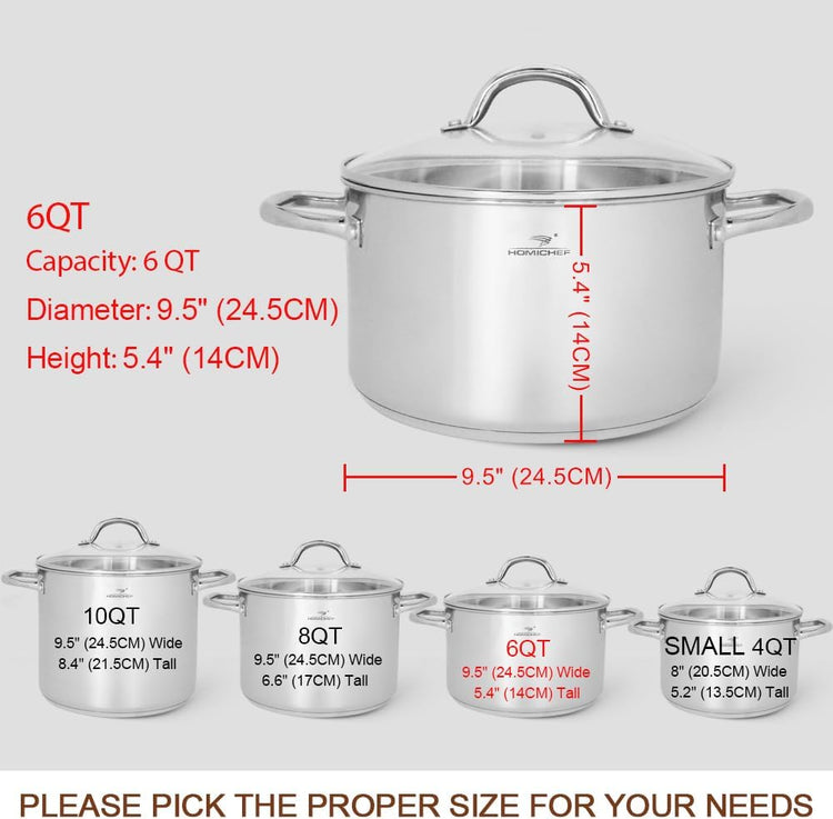HOMICHEF Stock Pot 6 Quart Nickel Free Stainless Steel - 6 Qt Soup Pot With Lid and Handle - Small Cooking Pot 6 Quart - Ideal for Soup, Sauce, and Induction Cooking
