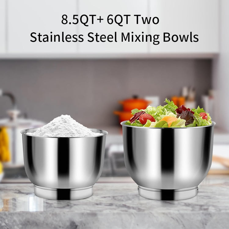 Stand Mixer 8.5QT+ 6QT Two Stainless Steel Bowls Electric Food Mixer Black