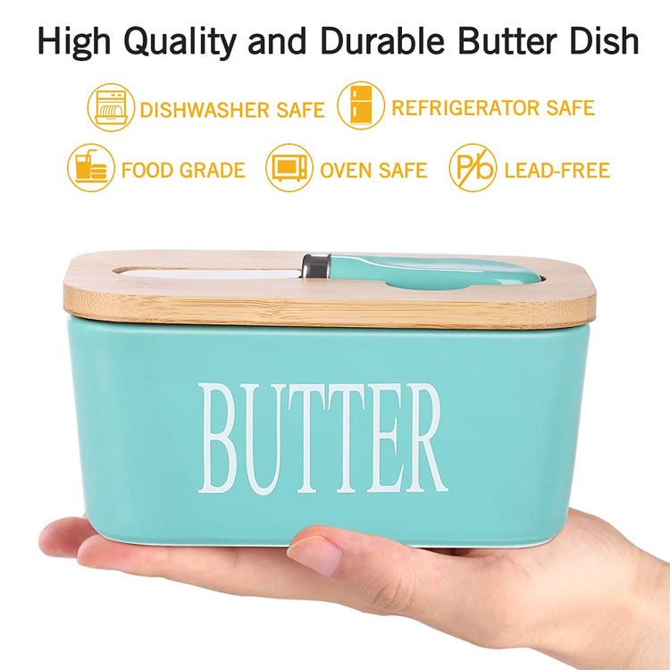 Ceramic Butter Dish with Bamboo Lid and Stainless Steel Knife Spreader