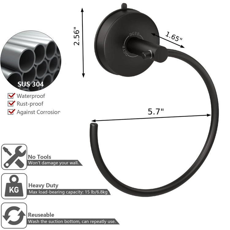 Suction Cup Hand Towel Ring Black Hand Towel Holder for Bathroom Wall SUS 304 Stainless Steel Kitchen Towel Hanger