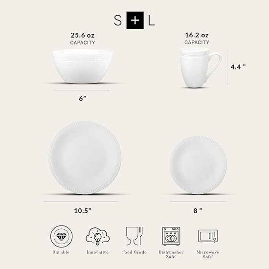 Stone lain Bone China Pinpoint Embossed 32 Piece Dinnerware Set, White