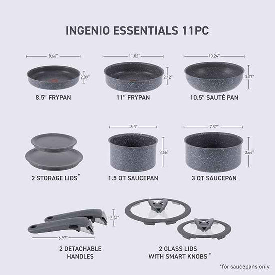 T-fal Ingenio Essentials Cookware Set with Detachable/Removable Handle 11 Piece, Granite Titanium Non Stick, Oven Broiler Safe 500F, Stackable, Pots and Pans Set, Frying Pans, Dishwasher Safe, Gray