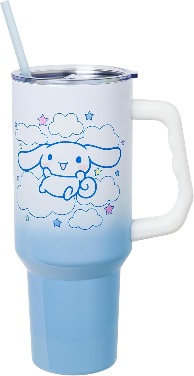 Silver Buffalo Sanrio Hello Kitty and Friends Featuring Cinnamoroll in Stars and Clouds Double Walled Stainless Steel Tumbler with Handle and Straw, Fits in Standard Cup Holder, 40 Ounces