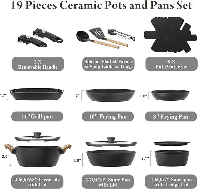 19 Pcs Pots and Pans Set Non Stick Ceramic Cookware Set with Removable Handles, Non Toxic Induction Kitchen Cookware Sets RV Cookware,Dishwasher/Oven Safe PFAS/PTFE/PFOA Free,Black