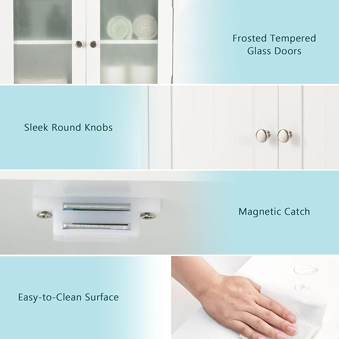 COSTWAY Bathroom Storage Cabinet, Wooden Linen Storage Organizer Cupboard with Doors & Adjustable Shelf, Freestanding Floor Cabinet for Living Room, Kitchen, Entryway, Office (White)