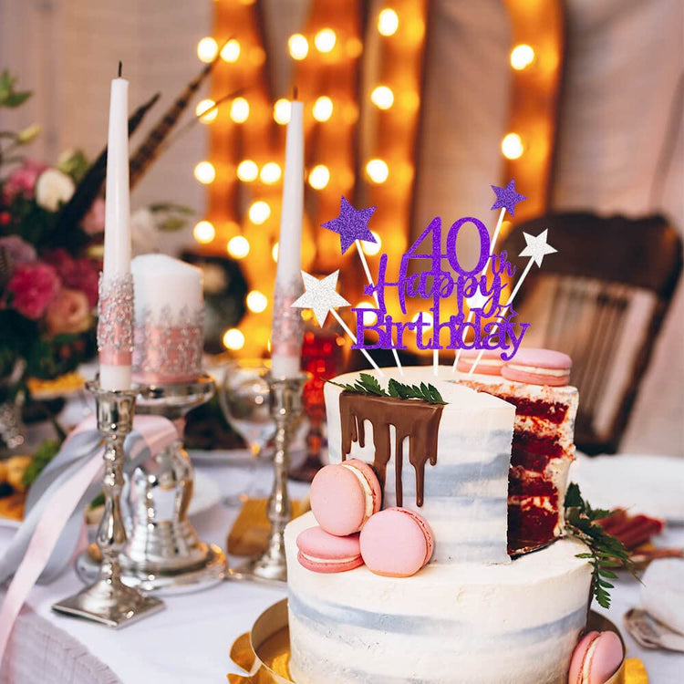 Purple Silver 40th Birthday Cake Topper with Glittery Stars (7 Count)