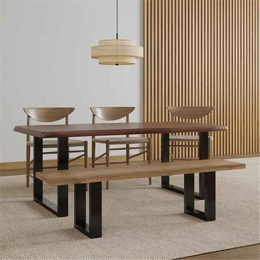 Pemberly Row 55" L Solid Wood Live Edge Dining Bench, Brown & Black Finish, Acacia Wood, Heavy Steel Sled Base, Industrial Modern Style, Scratch-Resistant, Kitchen or Dining Room Seating
