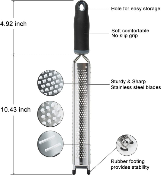 3-in-1 Lemon Zester & Cheese Grater, 304 Stainless Steel, 15-Inch, Black