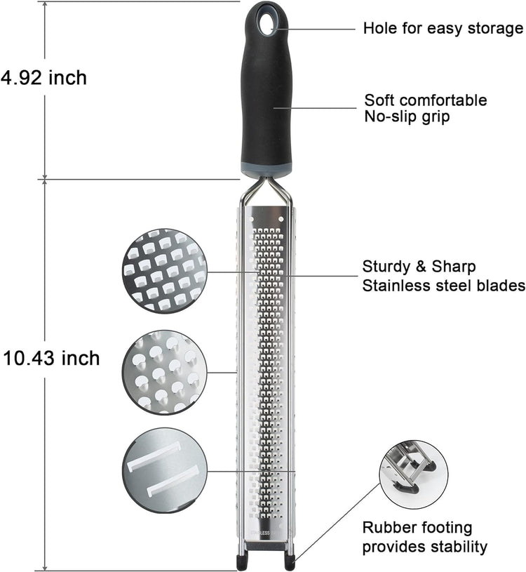 3-in-1 Lemon Zester & Cheese Grater, 304 Stainless Steel, 15-Inch, Black