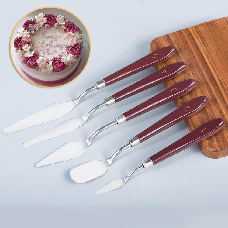 5pcs Stainless Steel Cake Cream Spatula Frosting Baking Pastry Tool Shovel Cake Painting Scraper Decorating Spatula Mixing Set Icing Oil Painting Cream Toner Tool for Fondant Chocolate (5 Count)